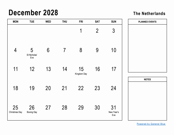 December 2028 Printable Monthly Calendar with The Netherlands Holidays