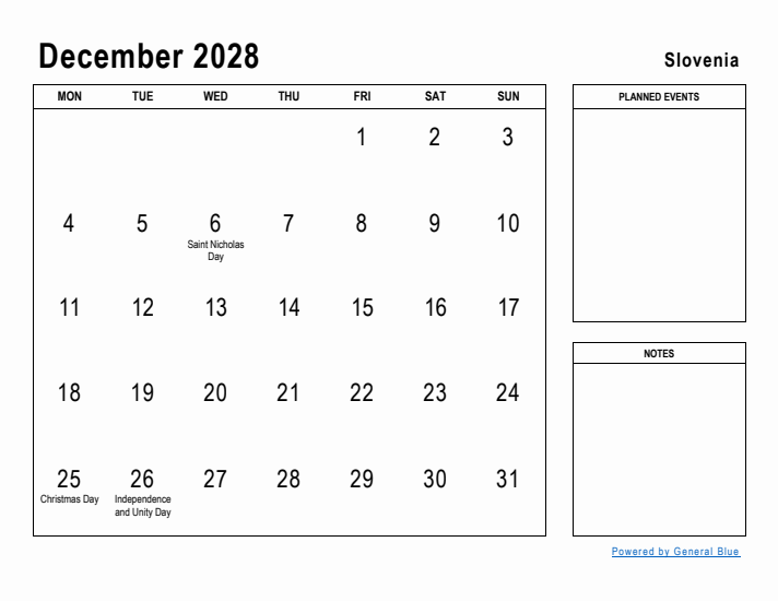 December 2028 Printable Monthly Calendar with Slovenia Holidays