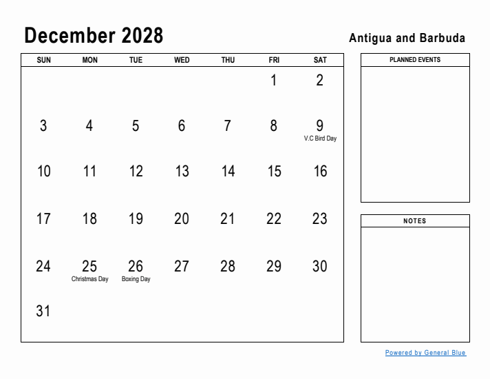 December 2028 Printable Monthly Calendar with Antigua and Barbuda Holidays