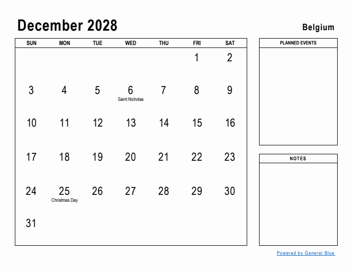 December 2028 Printable Monthly Calendar with Belgium Holidays