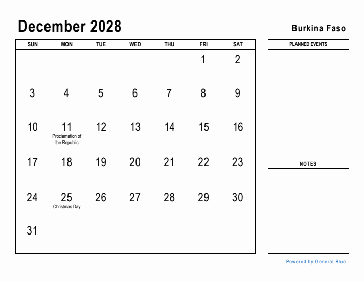 December 2028 Printable Monthly Calendar with Burkina Faso Holidays