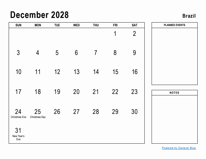 December 2028 Printable Monthly Calendar with Brazil Holidays