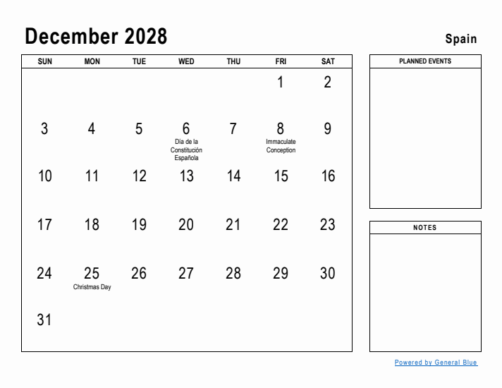 December 2028 Printable Monthly Calendar with Spain Holidays