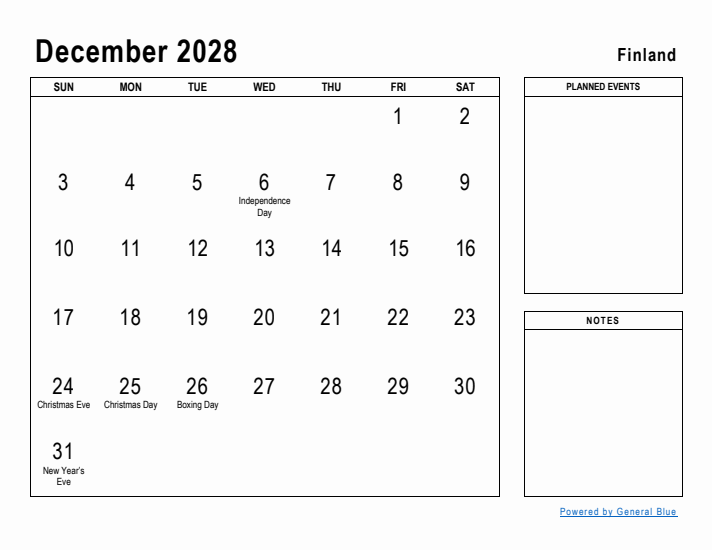 December 2028 Printable Monthly Calendar with Finland Holidays