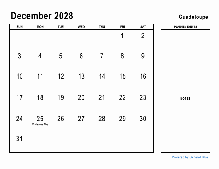 December 2028 Printable Monthly Calendar with Guadeloupe Holidays