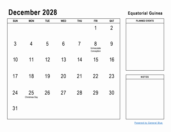 December 2028 Printable Monthly Calendar with Equatorial Guinea Holidays