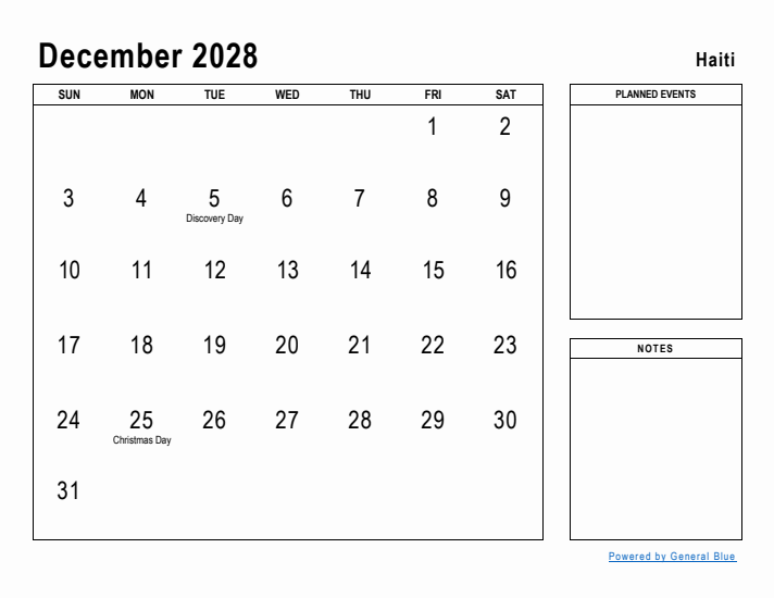 December 2028 Printable Monthly Calendar with Haiti Holidays