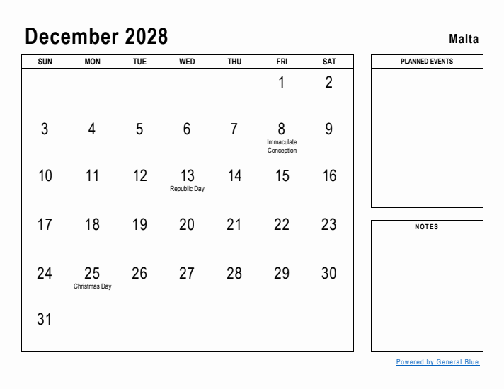 December 2028 Printable Monthly Calendar with Malta Holidays