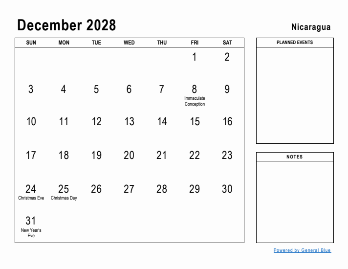 December 2028 Printable Monthly Calendar with Nicaragua Holidays