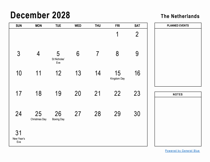 December 2028 Printable Monthly Calendar with The Netherlands Holidays