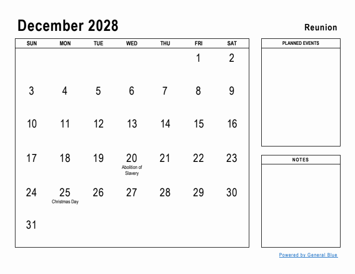 December 2028 Printable Monthly Calendar with Reunion Holidays