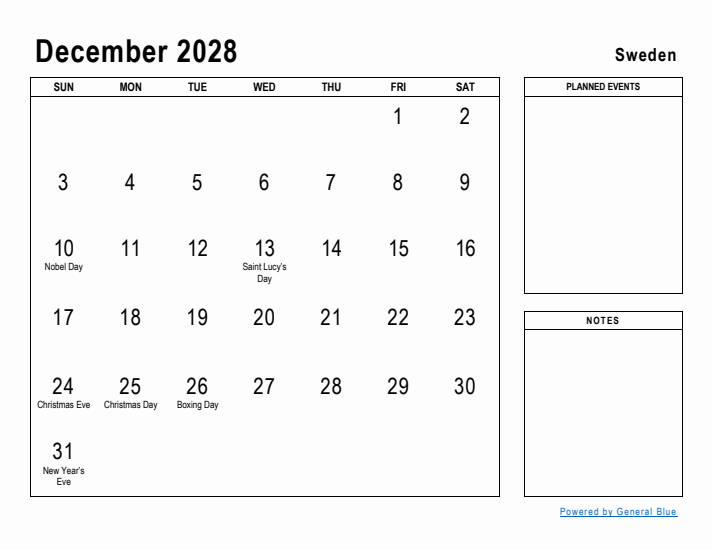 December 2028 Printable Monthly Calendar with Sweden Holidays