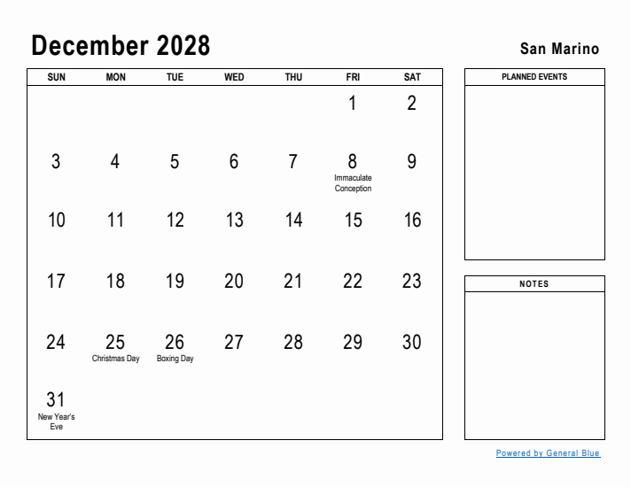 December 2028 Printable Monthly Calendar with San Marino Holidays