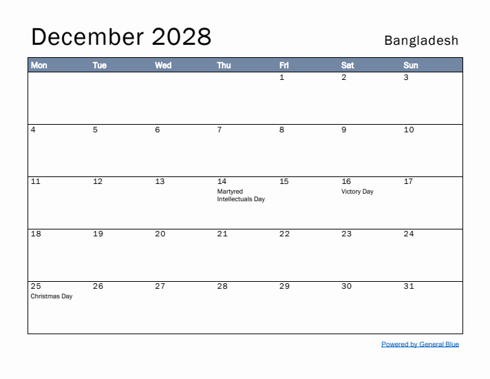 December 2028 Simple Monthly Calendar for Bangladesh