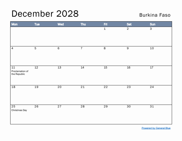 December 2028 Simple Monthly Calendar for Burkina Faso