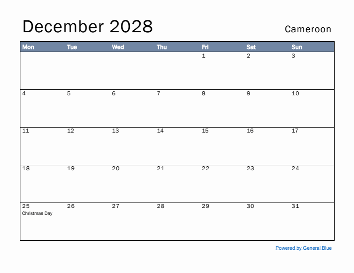 December 2028 Simple Monthly Calendar for Cameroon