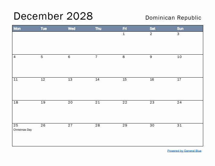 December 2028 Simple Monthly Calendar for Dominican Republic