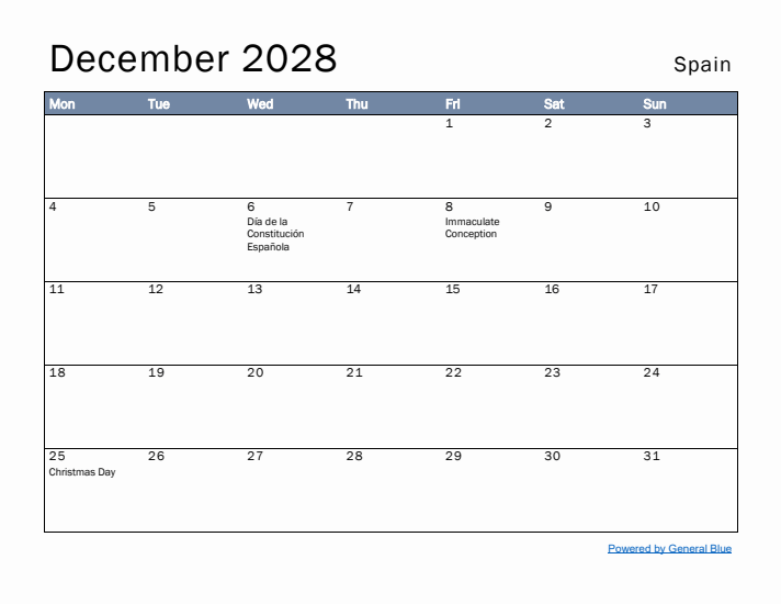 December 2028 Simple Monthly Calendar for Spain