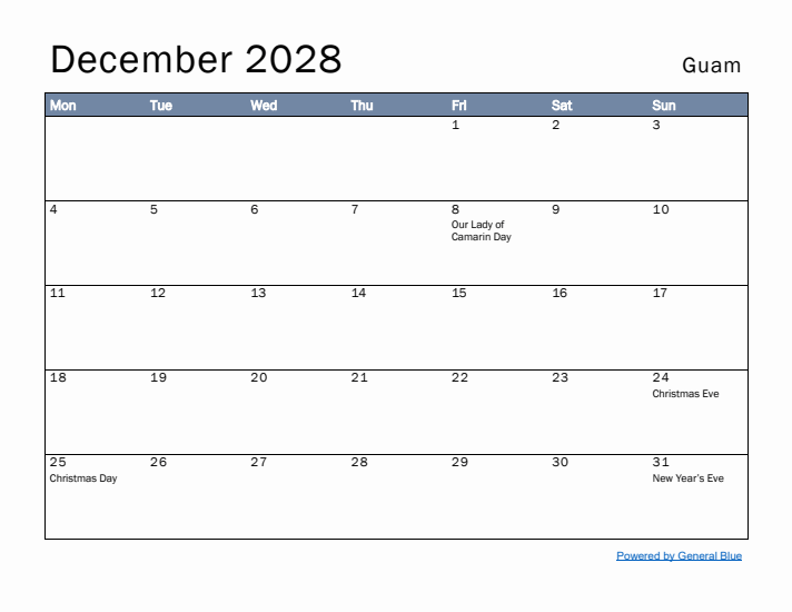 December 2028 Simple Monthly Calendar for Guam