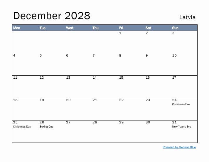 December 2028 Simple Monthly Calendar for Latvia