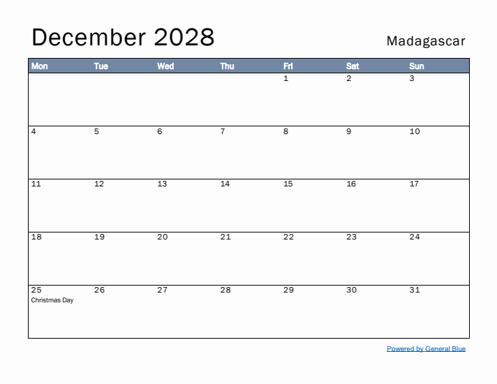 December 2028 Simple Monthly Calendar for Madagascar