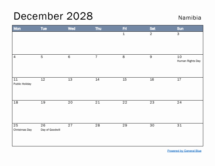 December 2028 Simple Monthly Calendar for Namibia