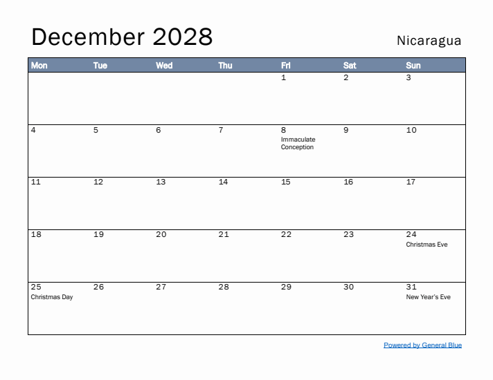 December 2028 Simple Monthly Calendar for Nicaragua