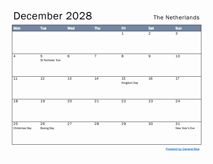 December 2028 Simple Monthly Calendar for The Netherlands