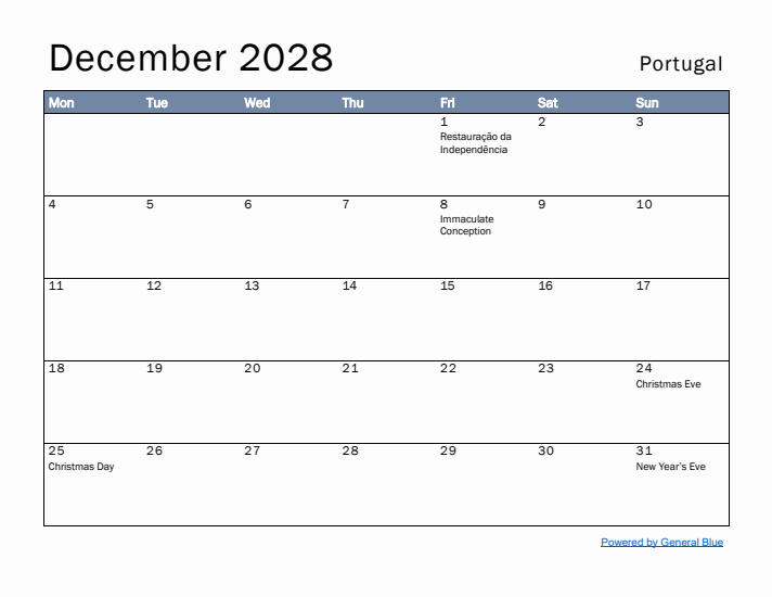 December 2028 Simple Monthly Calendar for Portugal