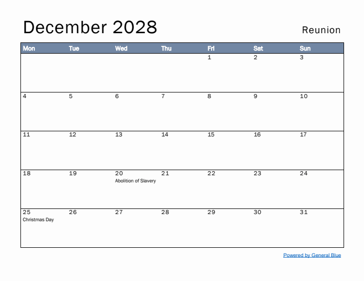 December 2028 Simple Monthly Calendar for Reunion