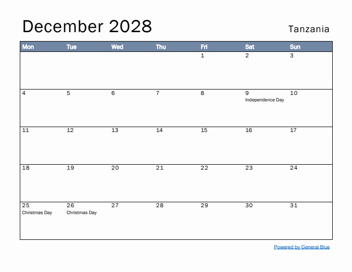 December 2028 Simple Monthly Calendar for Tanzania