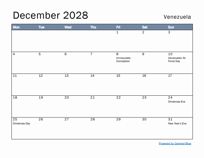 December 2028 Simple Monthly Calendar for Venezuela