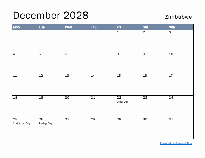 December 2028 Simple Monthly Calendar for Zimbabwe