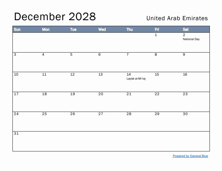 December 2028 Simple Monthly Calendar for United Arab Emirates