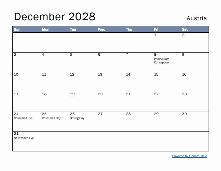 December 2028 Simple Monthly Calendar for Austria