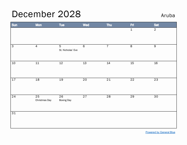 December 2028 Simple Monthly Calendar for Aruba