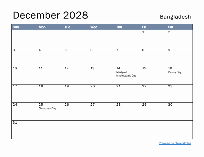 December 2028 Simple Monthly Calendar for Bangladesh