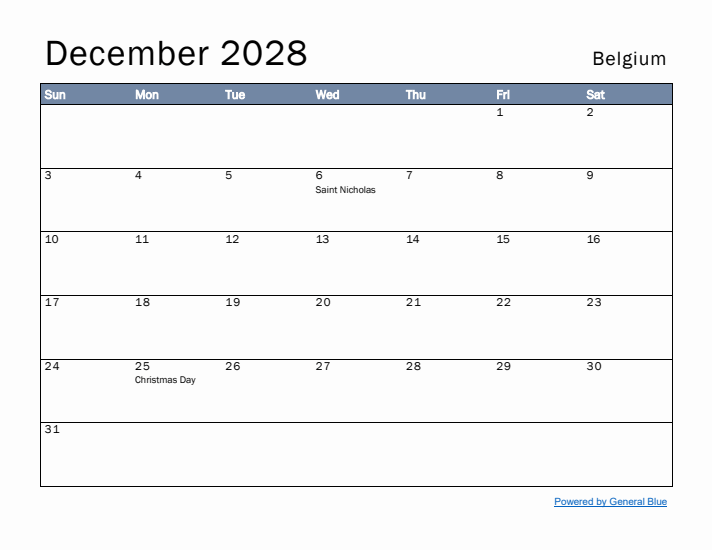 December 2028 Simple Monthly Calendar for Belgium