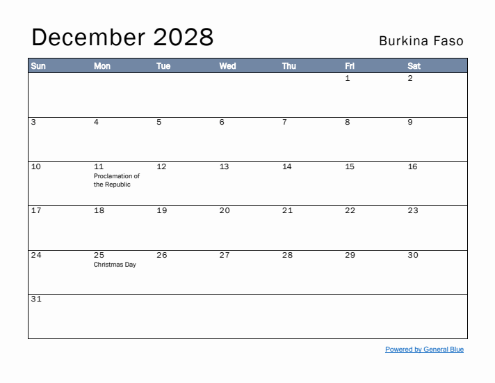 December 2028 Simple Monthly Calendar for Burkina Faso