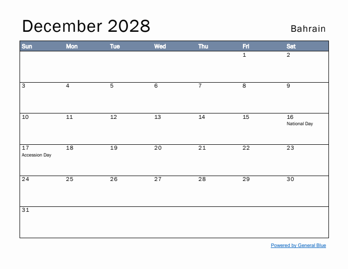 December 2028 Simple Monthly Calendar for Bahrain