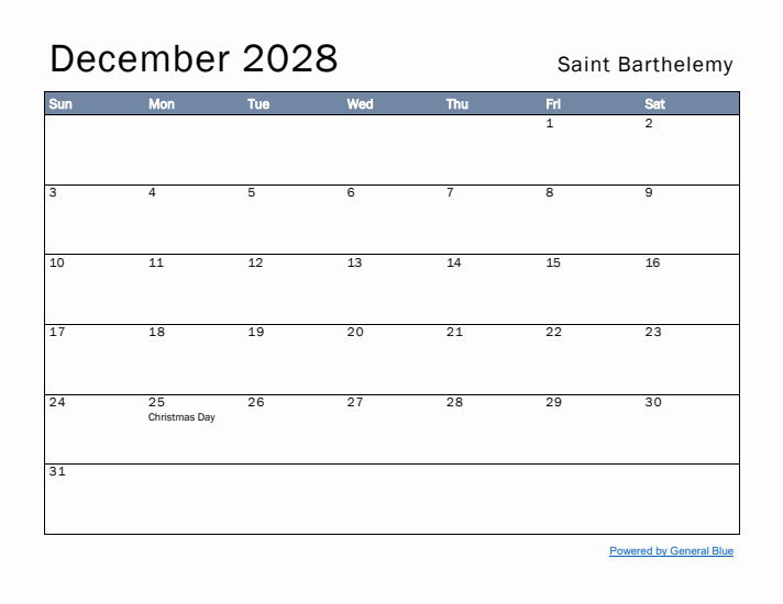 December 2028 Simple Monthly Calendar for Saint Barthelemy