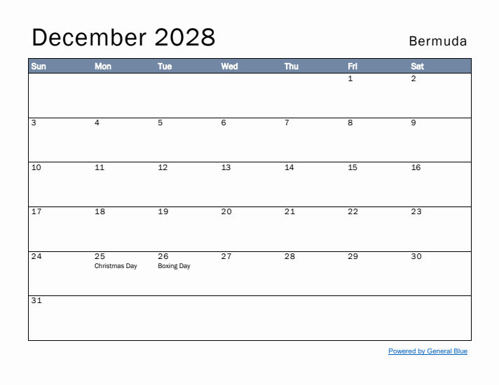 December 2028 Simple Monthly Calendar for Bermuda