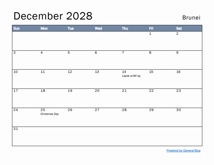 December 2028 Simple Monthly Calendar for Brunei