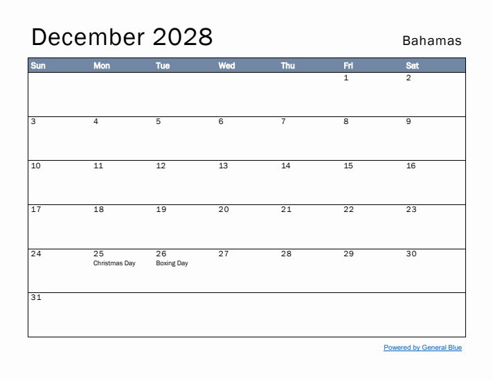 December 2028 Simple Monthly Calendar for Bahamas