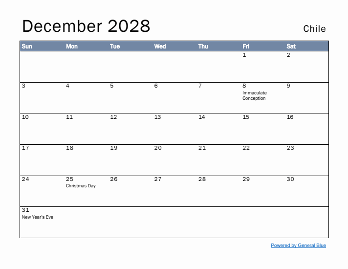 December 2028 Simple Monthly Calendar for Chile