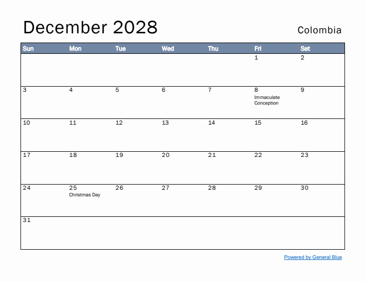 December 2028 Simple Monthly Calendar for Colombia