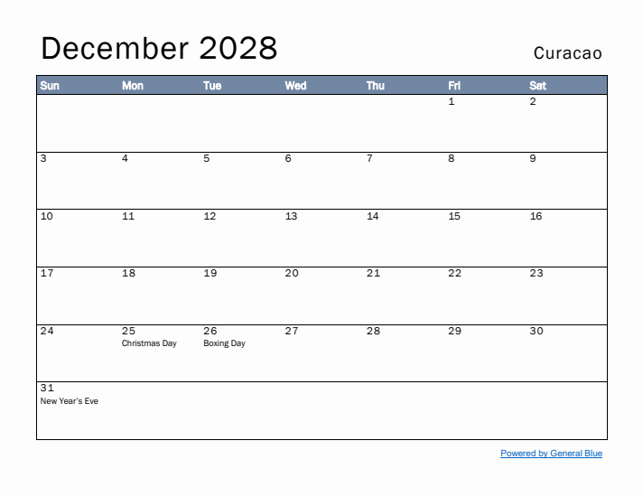 December 2028 Simple Monthly Calendar for Curacao