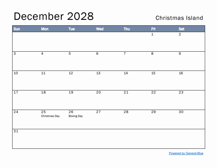 December 2028 Simple Monthly Calendar for Christmas Island