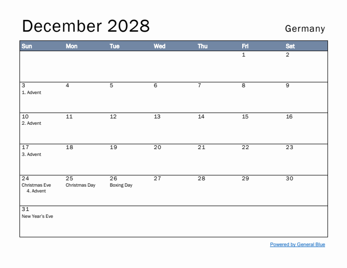 December 2028 Simple Monthly Calendar for Germany