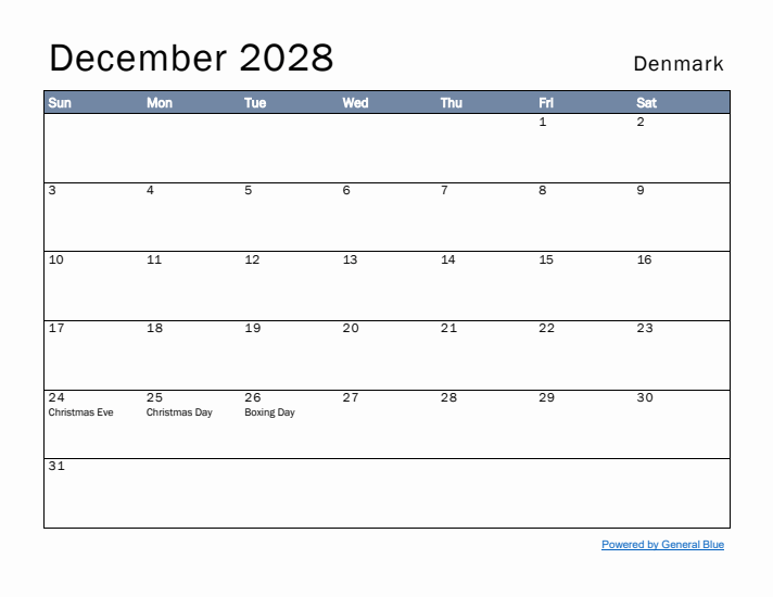 December 2028 Simple Monthly Calendar for Denmark